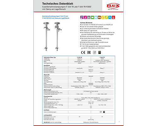 Exzenterschneckenpumpen F550 & F560 TR FOOD mit Clamp am Lagerflansch